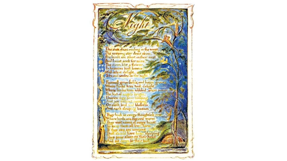 Writen copy of the poem Night on an illustrated background of a night sky surrounded by trees Writen copy of the poem Night on an illustrated background of a night sky surrounded by trees